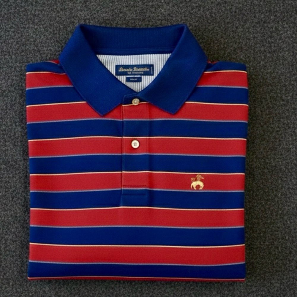 Brooks Brothers Golden Fleece Polo Shirt Supima Cotton Striped Navy Red Large